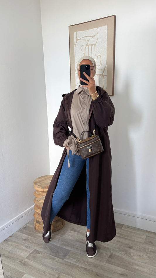 Long imper à fermeture et capuche