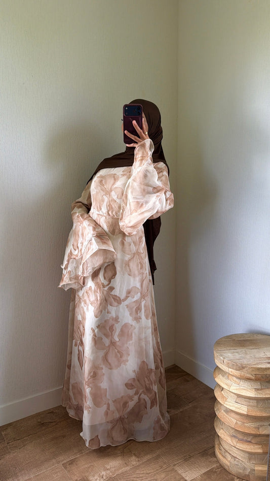Robe manches fleurs évasée ajustable